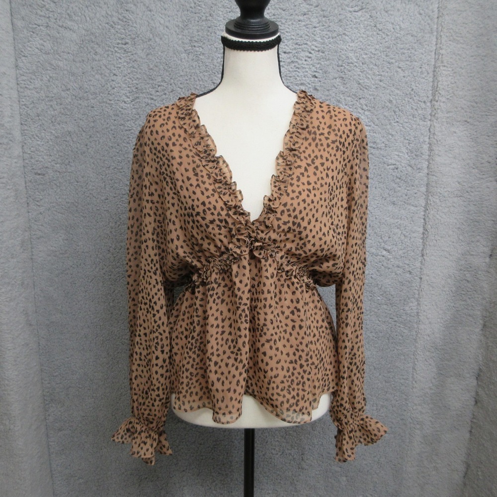 Aakaa Leopard Print Blouse Womens M Brown Ruffle Peplum Sheer Surplice Boho Top